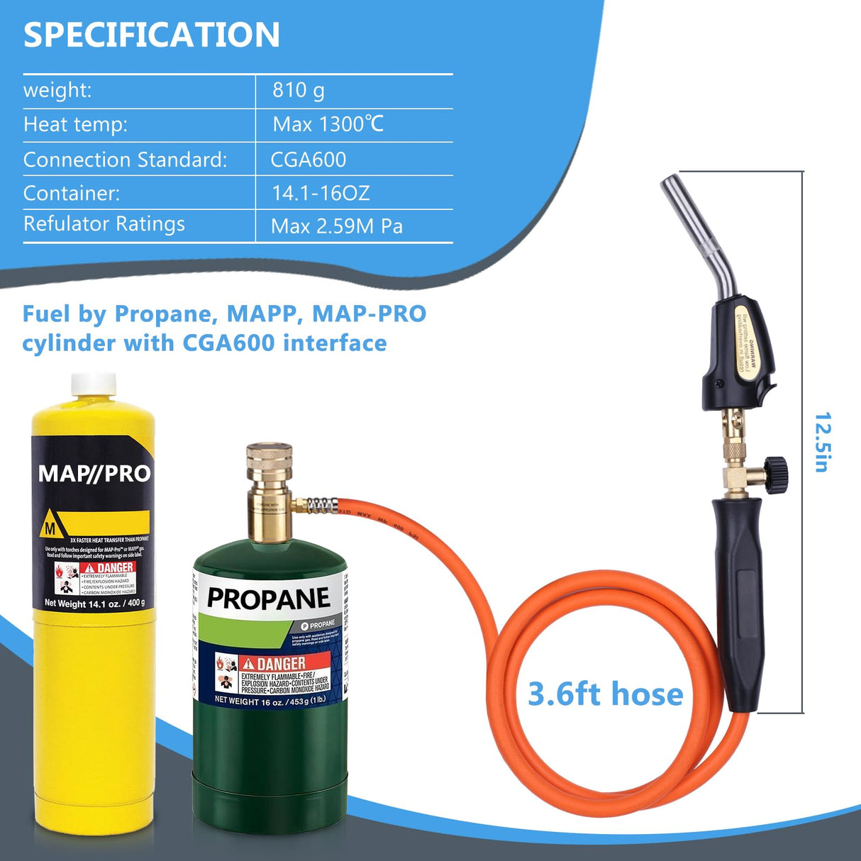 TAUSOM Propane Torch Hose Kit, Mapp Gas Torch Heat 3600℉ Map Gas Torch Kit Trigger Start & Heat Adjustment, Soldering Welding Torch Fuel by MAPP, Map/Pro,Propane(Includes Cylinder Clip)