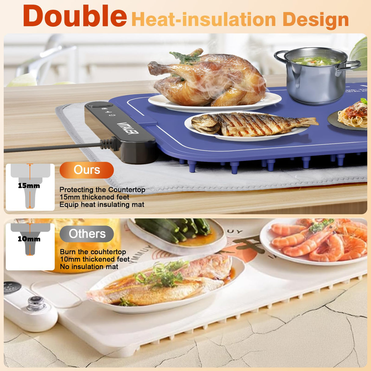 Vitaler Warming Mat for Food, (XXL 35”x16”) Electric Warming Trays, Upgrade Graphene Fast Full-Surface Heating Mat for Food with 6 Level Temp, 6 Hours Timer, Food Warmer Pad with Heat-Insulating Mat