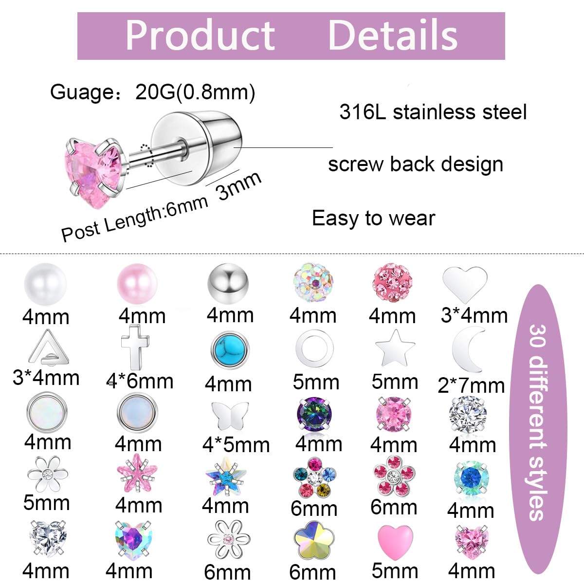 30 Pairs G23 Hypoallergenic Screw Back Earrings for Women Stainless Steel Small Stud Earrings 20G Tiny Cartilage Stud Earrings Screw Back Stud Earring Piercing Jewelry