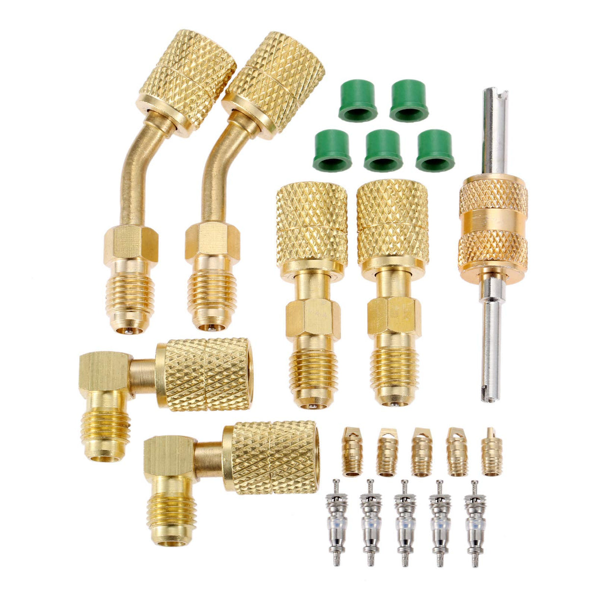 Aupoko R410A Charging Vacuum Port Adapter Kit, 2PC 45 Degree Angled and 90 Degree Charging Vacuum Adapters, 2PC R410A Straight Swivel Adapters, 5/16" Female to 1/4" Male Flare for Mini Split System