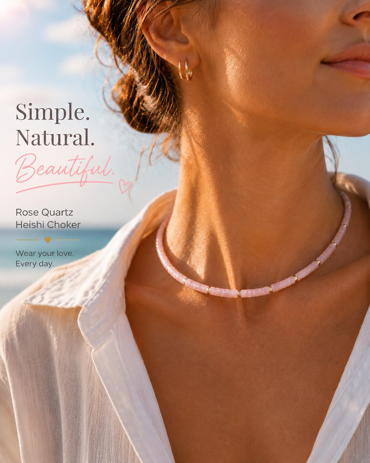 MIDDLUX Natural Rose Quartz Heishi Choker Necklace for Women, Pink Gemstone Beaded Necklace with Gold Accents, Adjustable Layered Beach Necklace, Minimalist Boho Jewelry Gift for Her