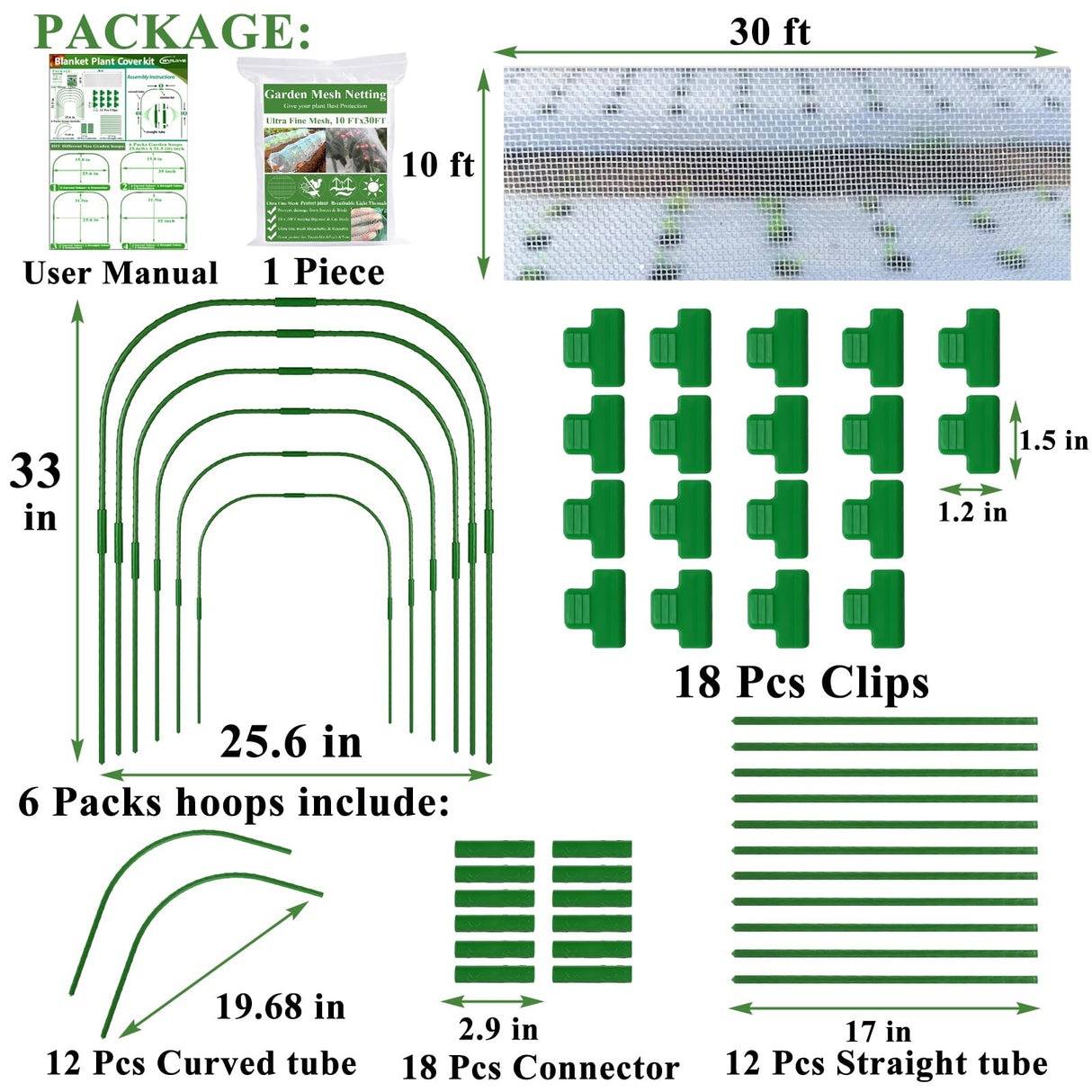 Garden Mesh Netting Kit, Plant Covers 10x30Ft Ultra Fine Mesh Netting & 6Pcs Garden Hoops &18 Clip, Garden Netting Kit for Raised Beds Plants Pest Barrier Greenhouse Row Cover Animal Protection Net