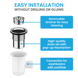 Bchlein Pop Up Drain Fitting with Overflow for the Sink, 70mm, Stainless Steel & Silicone, Kitchen Sink Drain