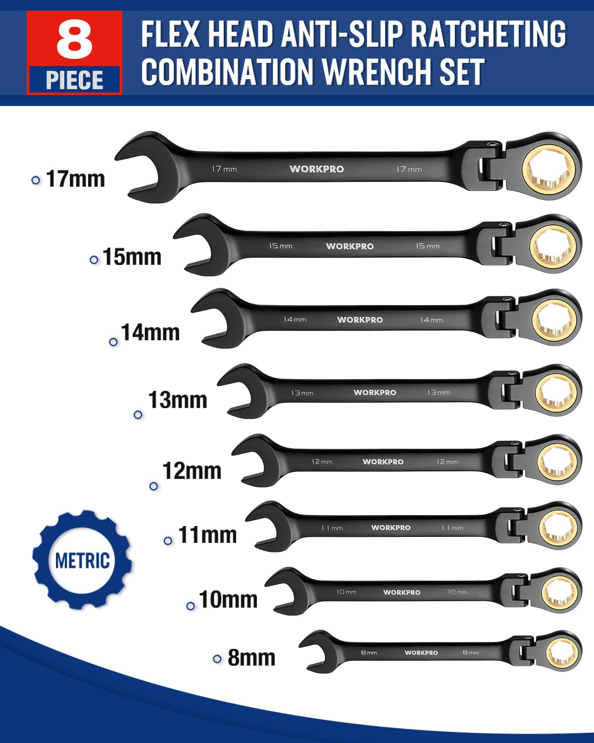 WORKPRO Ratcheting Combination Wrench Set, 8-piece Flex-Head Anti-Slip Set Metric 8-17 mm, 72-Teeth, Cr-V Constructed, Black Electrophoretic Coating with Rolling Pouch