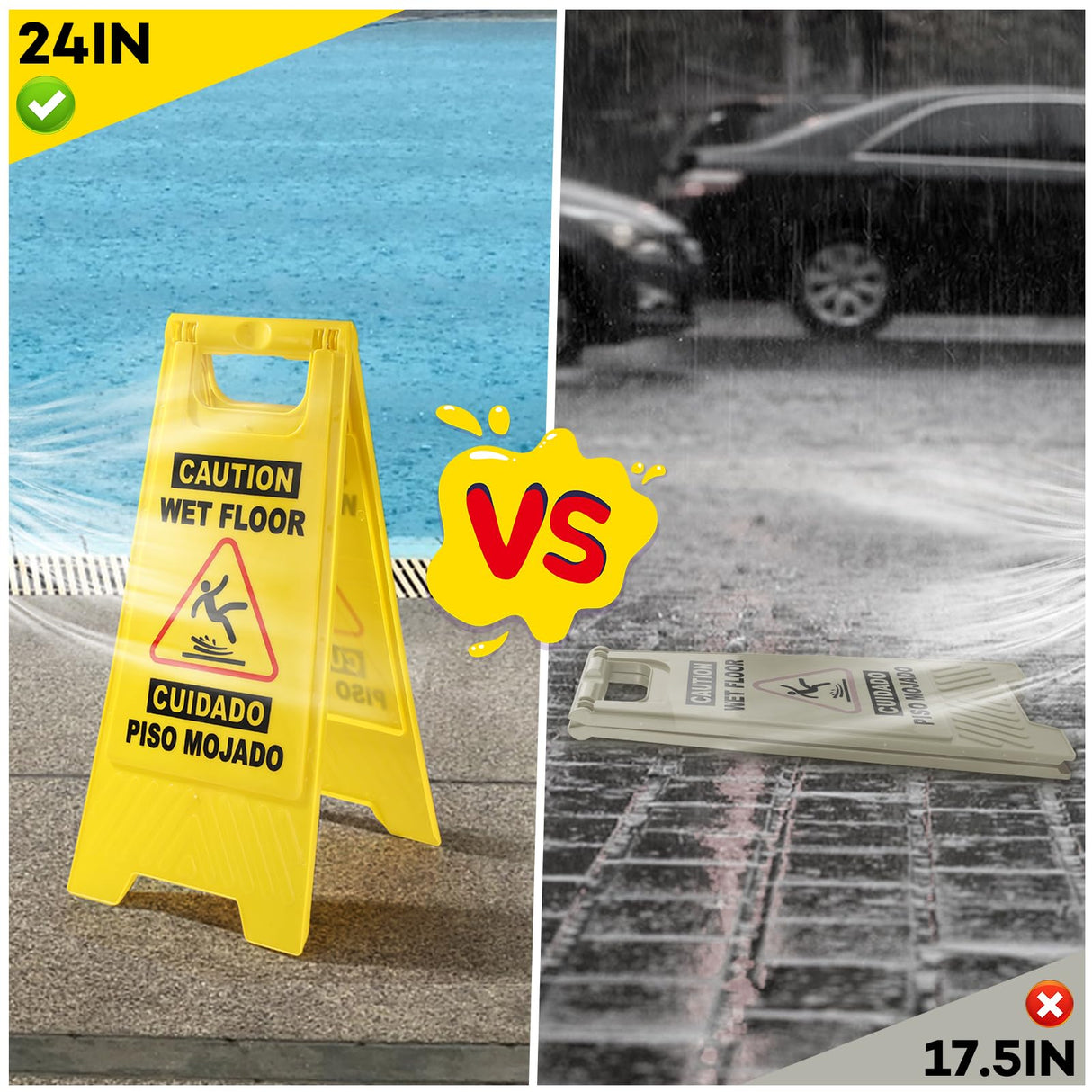 XPCARE 24 Inches Caution Wet Floor Sign, 3PCAK Yellow Bilingual Double-Sided Safety Warning Signs,A Frame Safety Wet Floor Signs Commercial