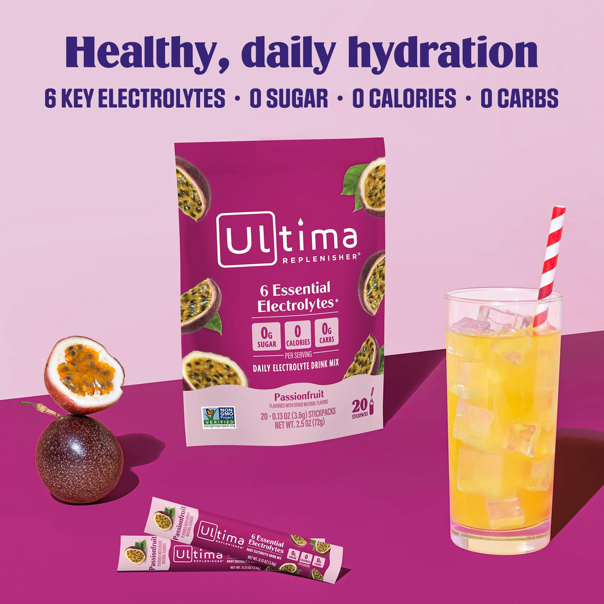 Ultima Replenisher Daily Electrolyte Powder Drink Mix – Sugar Free – Passionfruit, 20 Stickpacks – Hydration Packets with 6 Electrolytes and Trace Minerals – Keto Friendly, Non-GMO