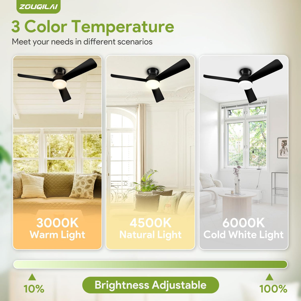 ZOUQILAI Ceiling Fans with Lights - 42 Inch Low Profile Ceiling Fan with Light and Remote, Reversible DC Motors, 3CCT Dimmable Timer Noiseless, Black Flush Mount Ceiling Fan for Bedroom/Living Room