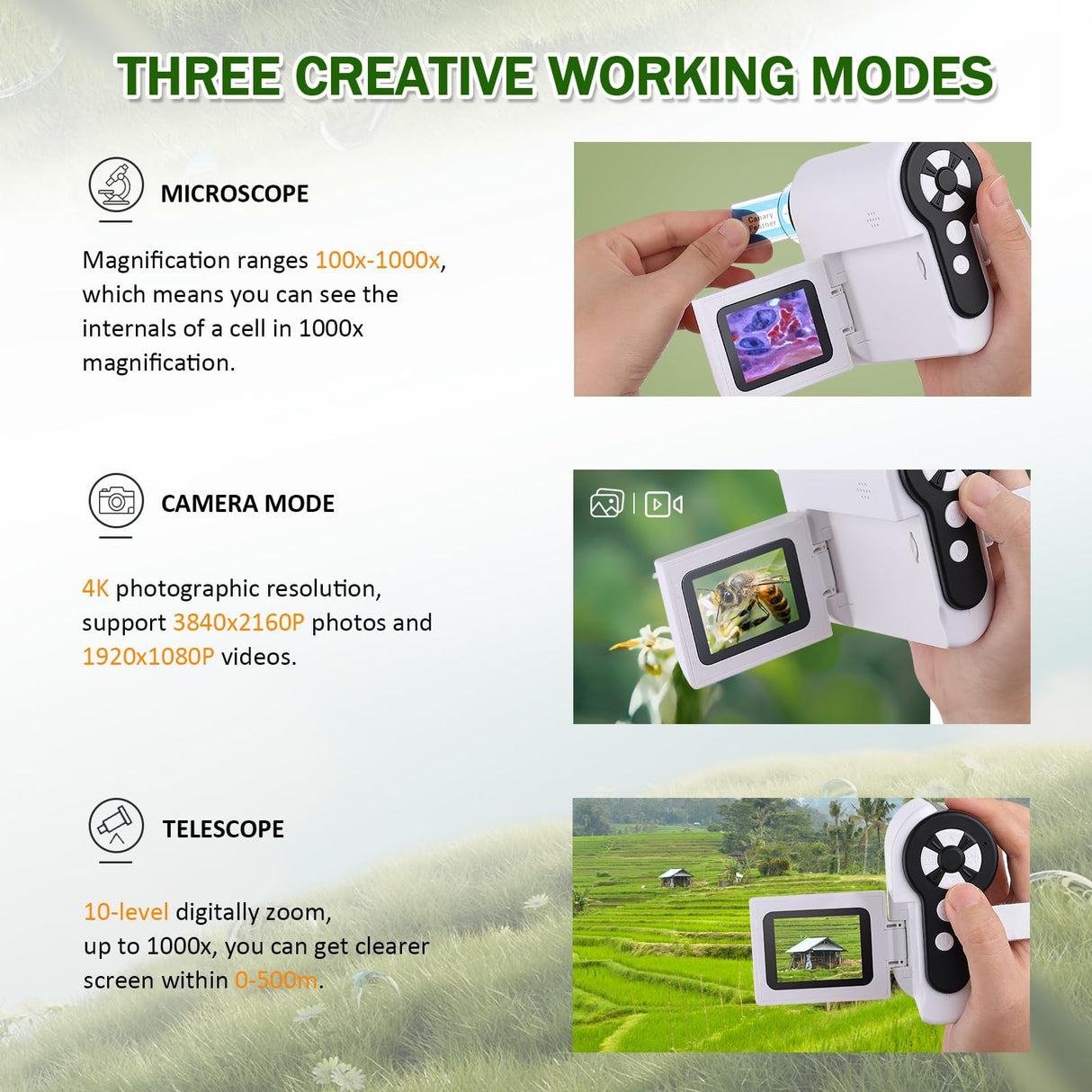 Barchrons 1000X Handheld Microscope for Kids, 4K 2.0" Screen Mini Pocket Microscope with 6 Adjustable LED Lights, Edu Science Christmas Birthday Gifts for Kids Ages 8-12