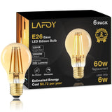 Lafoy A19 E26 Amber Light Bulbs 2200K Soft Warm, Vintage LED Edison Bulbs 60 Watt Equivalent, Dimmable Antique Old-Fashioned Style 60W Replacement, 550 Lumen Medium Base Lightbulbs, 120V 6 Pack