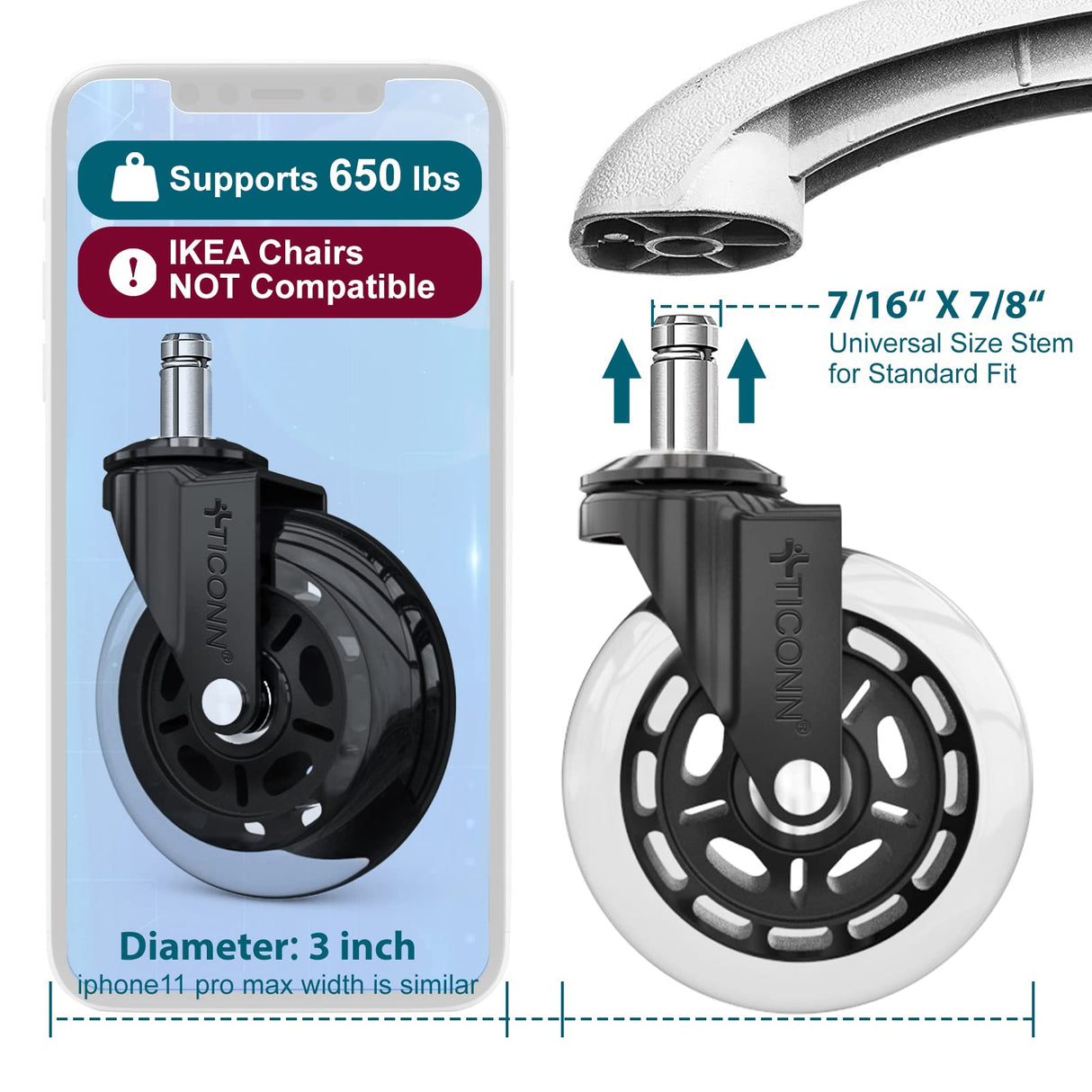 TICONN Office Chair Caster Wheels Set of 5 for Tile, Hardwood Floors and Carpets, Universal Fit for Most Chairs (Transparent)