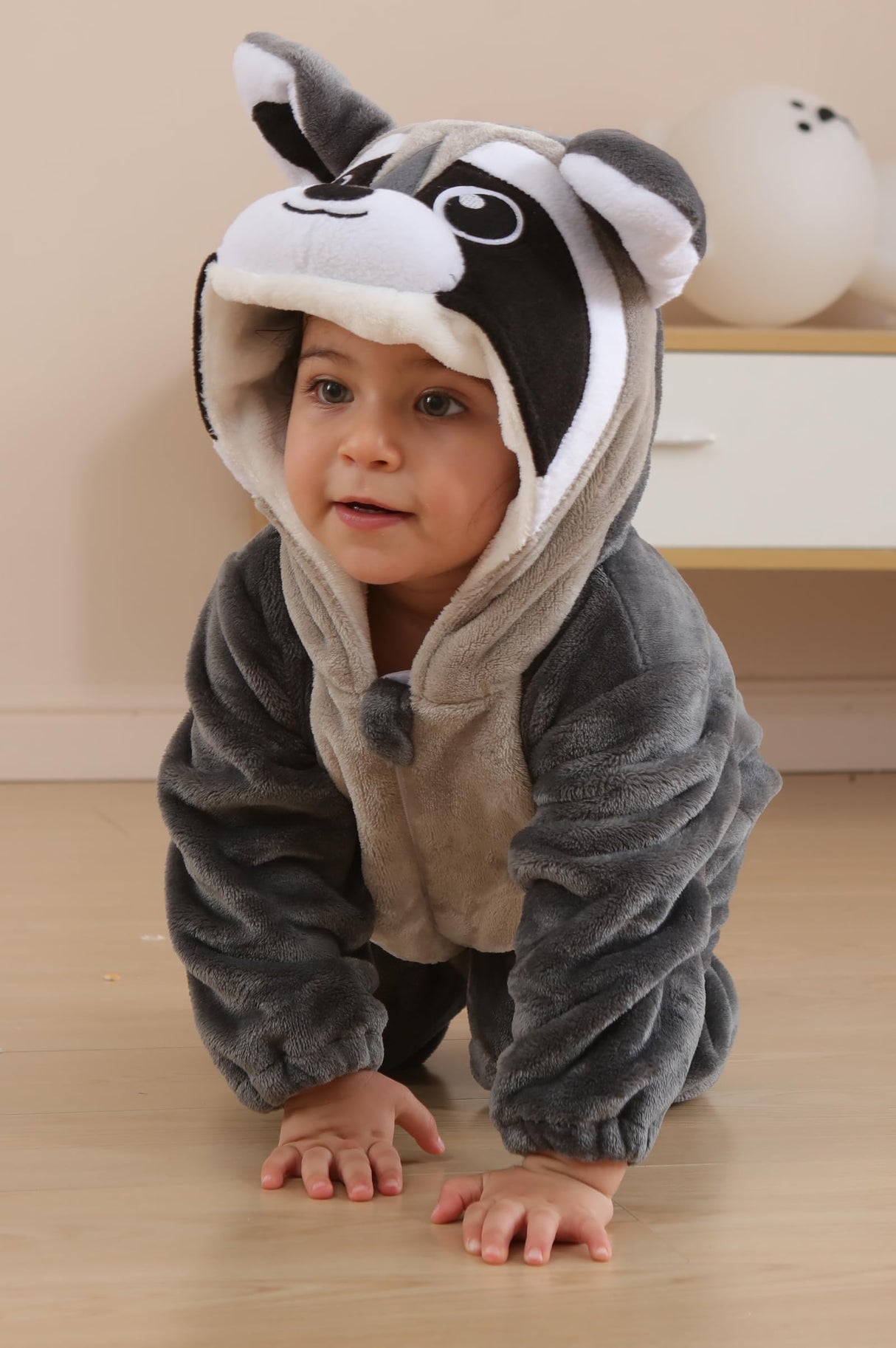 DarkCom Unisex Baby Animal Onesie Toddler Hooded Romper Halloween Cosplay Grey Raccoon Costumes Kids' Christmas Gifts 6-12 Months