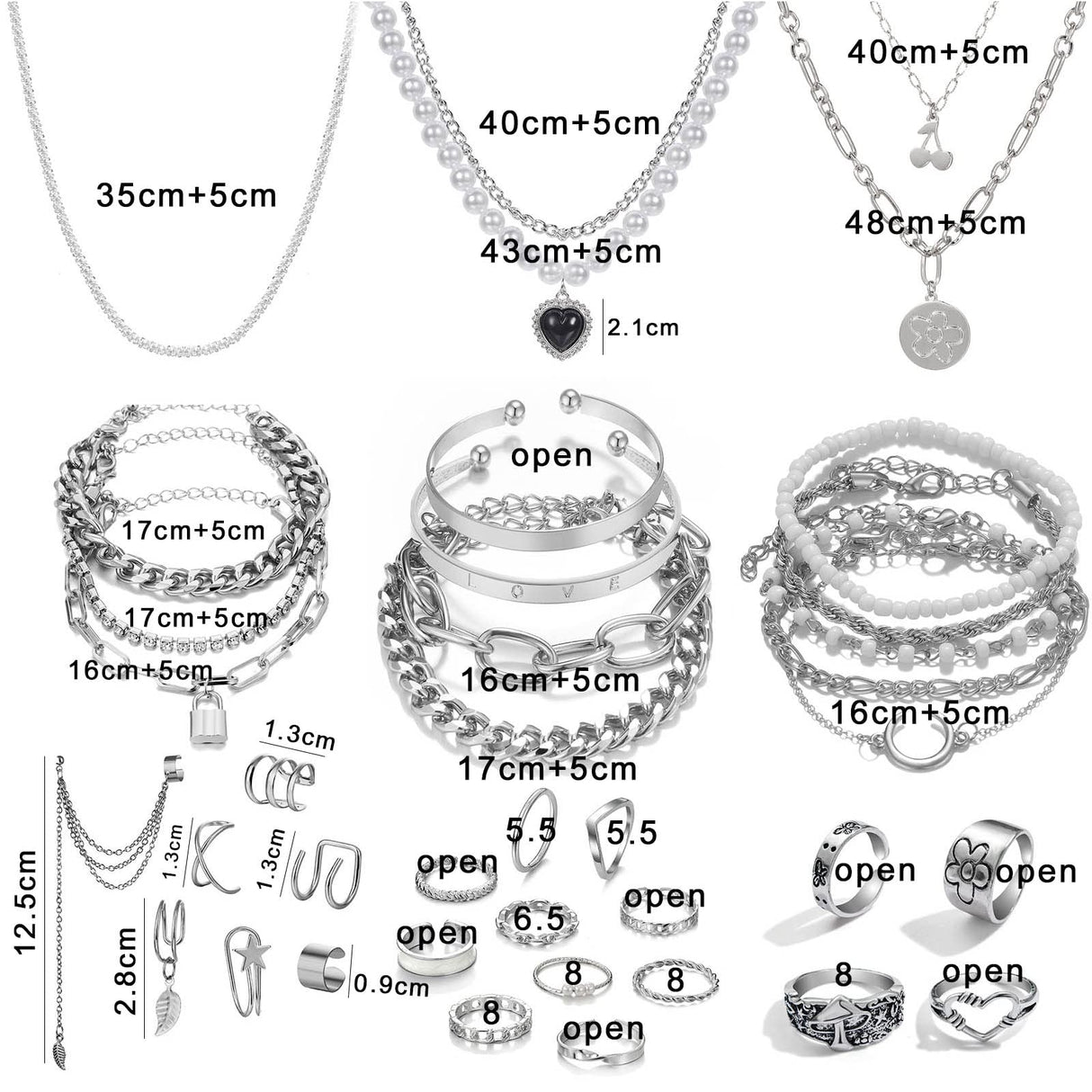 IFKM 36 PCS Silver Plated Jewelry Set with 3 PCS Necklace, 12 PCS Bracelet, 7 PCS Ear Cuffs Earring, 14 Pcs Knuckle Rings for Women Valentine Anniversary Birthday Friendship Gift
