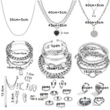 IFKM 36 PCS Silver Plated Jewelry Set with 3 PCS Necklace, 12 PCS Bracelet, 7 PCS Ear Cuffs Earring, 14 Pcs Knuckle Rings for Women Valentine Anniversary Birthday Friendship Gift