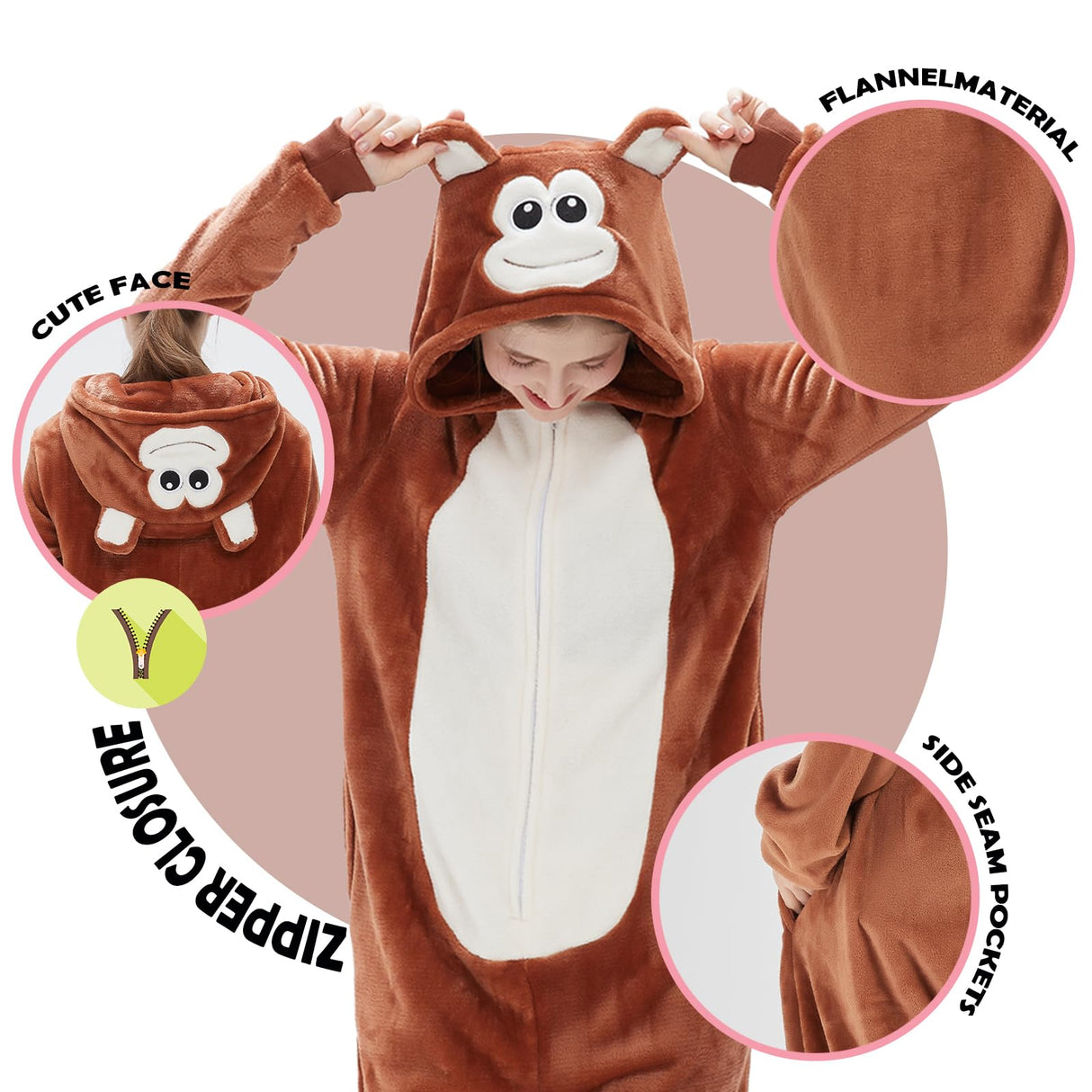 SWEETXIN Adult Unisex Brown Monkey Onesie Pajamas Halloween Christmas Cosplay Costume Suit for Women and Men (Small, Monkey)