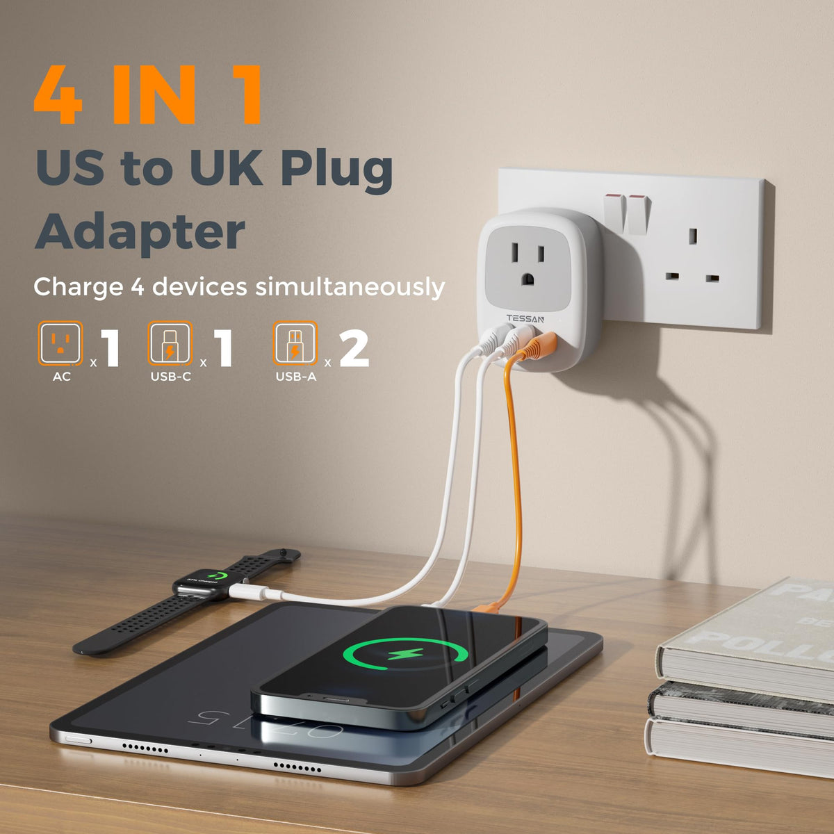 2 Pack UK Adapters for Travel, TESSAN Ireland Plug Adapter with 3 USB ...