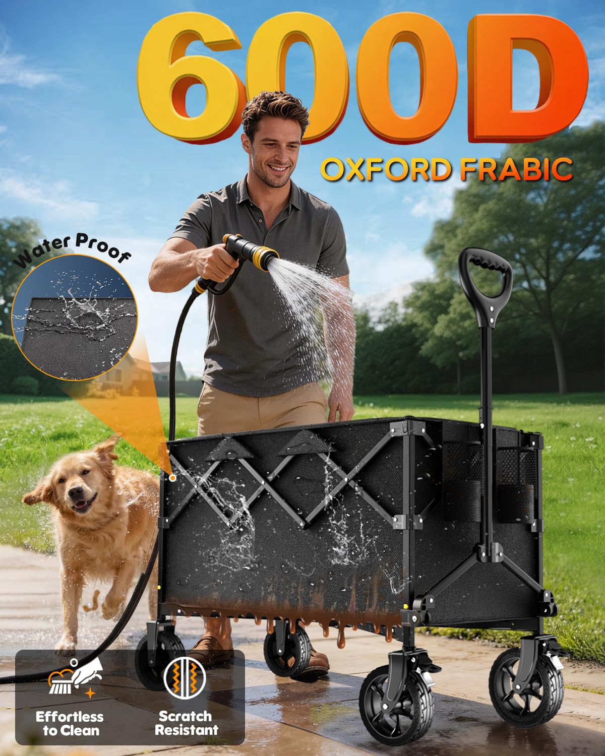 Heavy Duty Collapsible Wagon Cart, 200L Large Capacity Folding Beach Wagon with Big All-Terrain Wheels, Brake & Adjustable Handle, 500 lbs Utility Cart for Camping, Sports, Garden and Grocery
