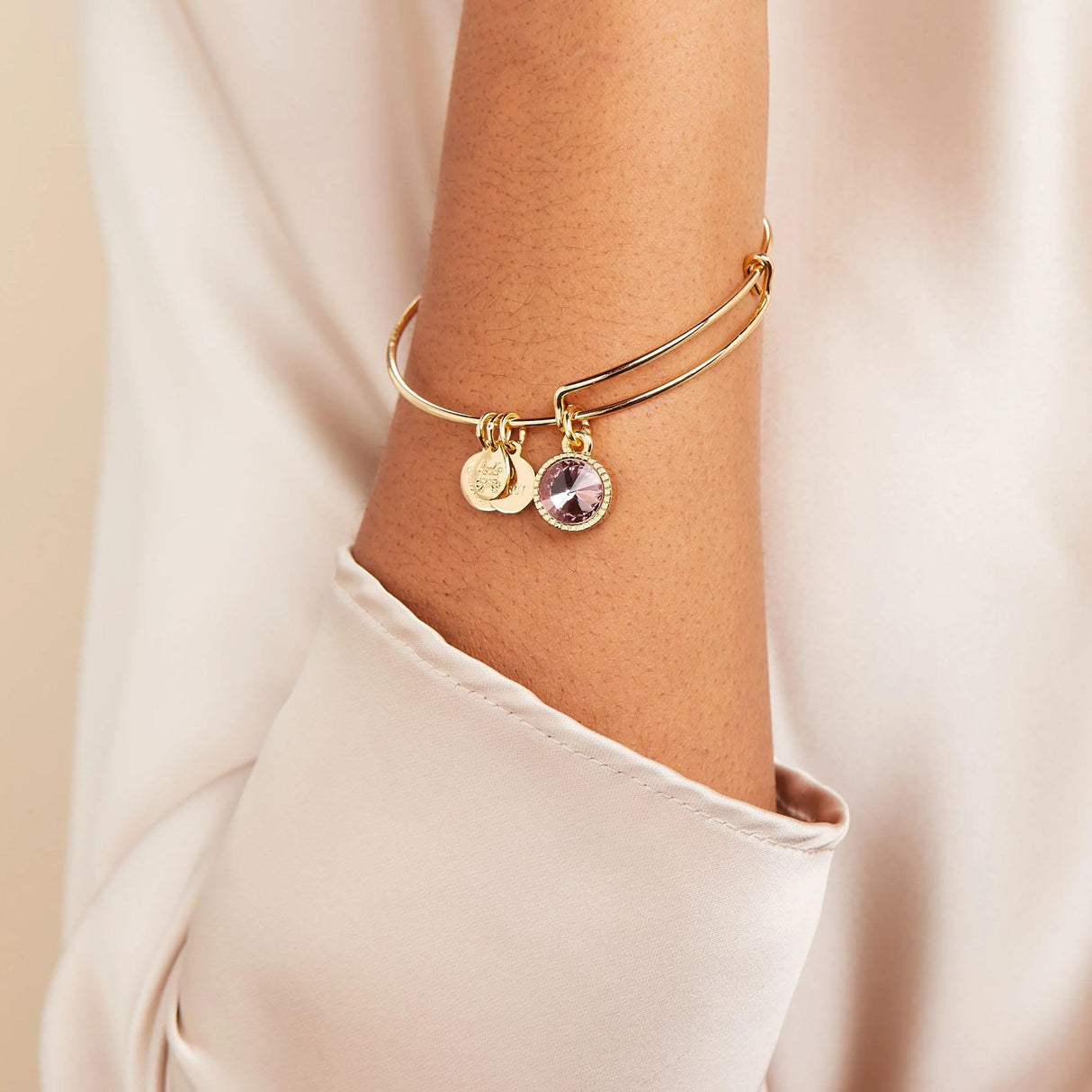 ALEX AND ANI Birthstones Expandable Bangle for Women, June, Pink Light Amethyst Crystal, Shiny Gold Finish, 2 to 3.5 in