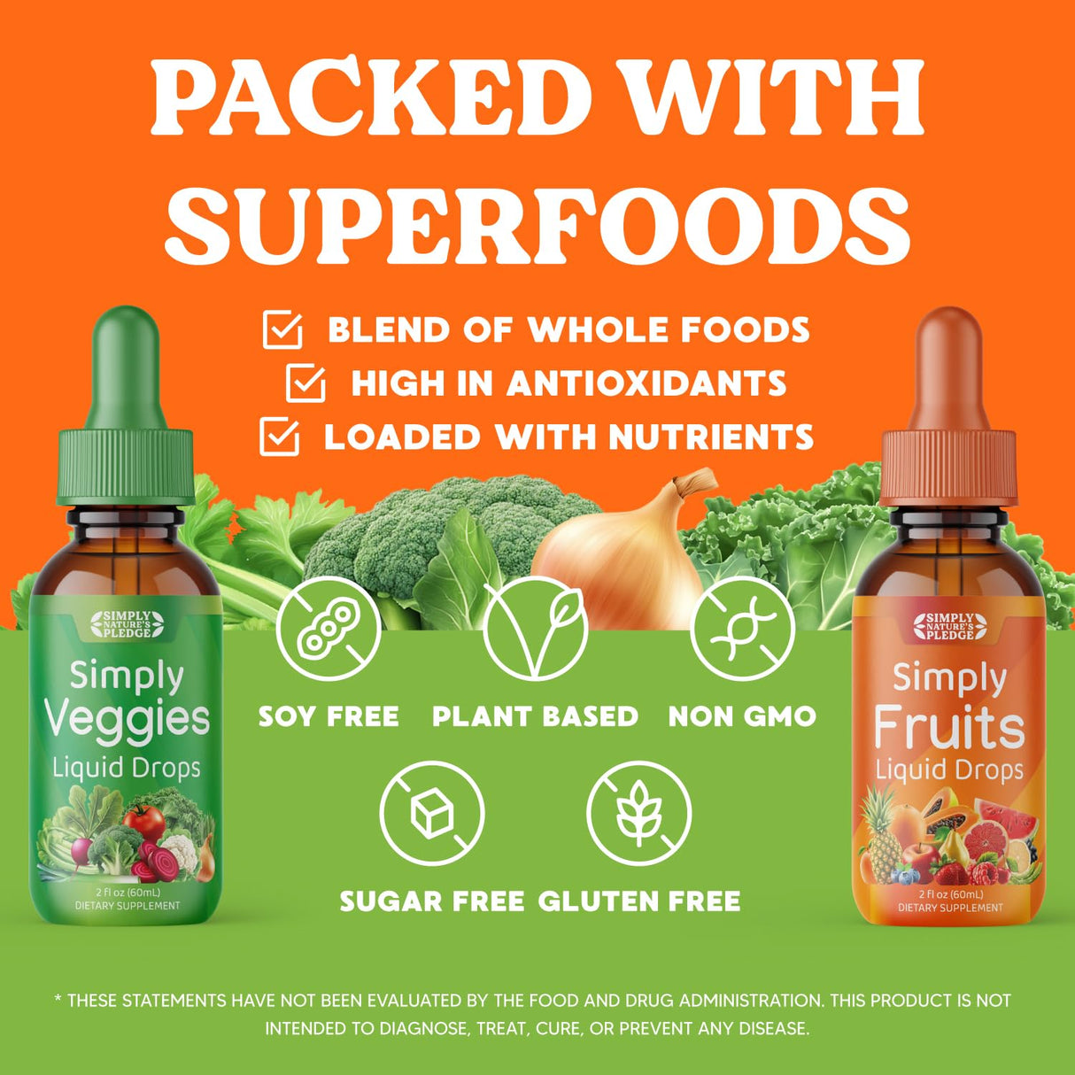 Simply Nature's Pledge - Fruit and Vegetable Supplements - Liquid Drops - Made with Whole Food Superfoods, Packed Vitamins & Minerals - Soy Free - Made in The USA