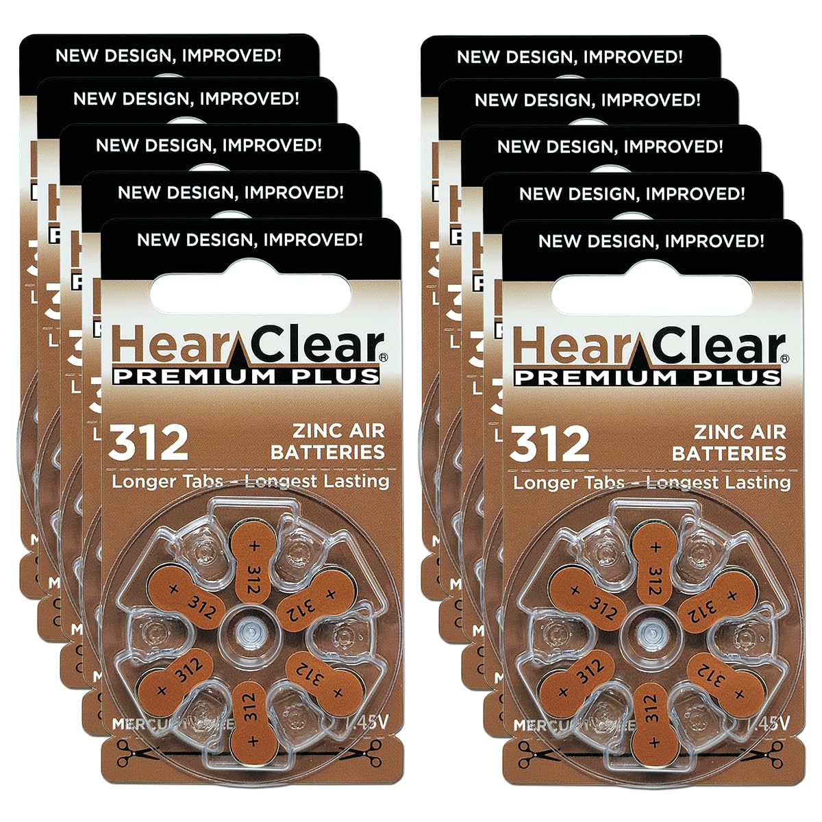 Hear Clear Size 312 PR41 1.45V Zinc Air Hearing Aid Batteries Brown Tab (60 Pack) [Child-Resistant Packaging]