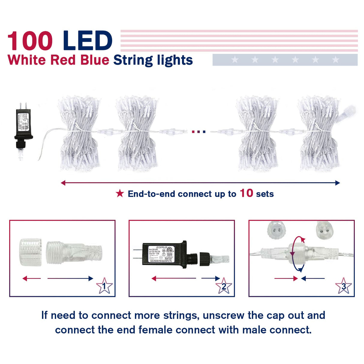 JMEXSUSS 4th of July Decorations Red White and Blue Lights, 33ft 100 LED String Light Indoor Plug-in, 8 Modes Patriotic 4th of July Lights for Indoor Outdoor Independence Day American Flag Holiday