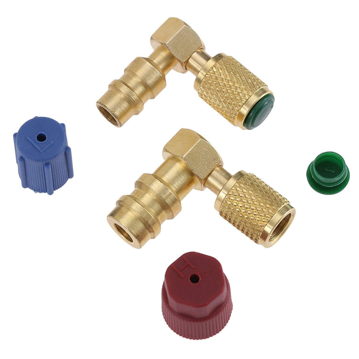 Aupoko R12 to R134A High/Low AC Port Retrofit Conversion Adapter Fitting Kit, R12 to R134A Retrofit Kit, Quick Coupler Valve A/C 90° Fitting, High and Low Side R-12 to R-134A Retrofit with 2 Caps