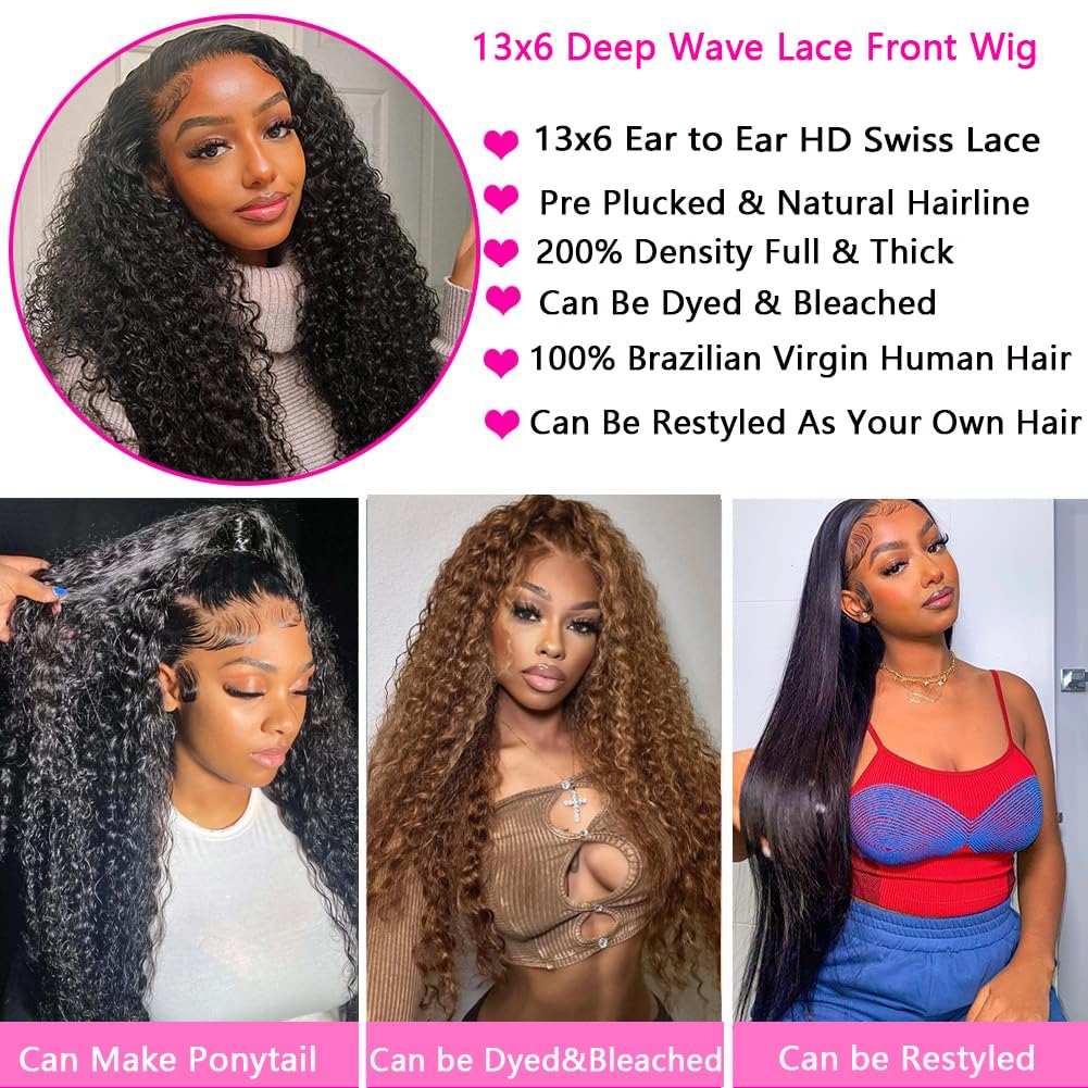 30 Inch Deep Wave Lace Front Wigs Human Hair Pre Plucked 13x6 HD Lace Front Curly Wigs Human Hair 200% Density Glueless Frontal Wigs Human Hair with Baby Hair Curly Wigs for Women Natural Black