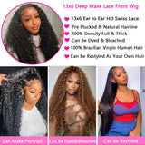 30 Inch Deep Wave Lace Front Wigs Human Hair Pre Plucked 13x6 HD Lace Front Curly Wigs Human Hair 200% Density Glueless Frontal Wigs Human Hair with Baby Hair Curly Wigs for Women Natural Black