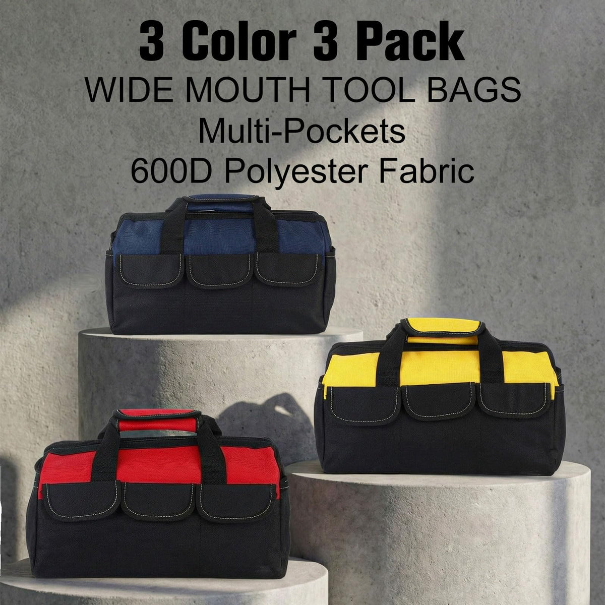 Sanwuta 3 Pack 16 Inch Tool Bags, Classic, Blue, Red, Yellow