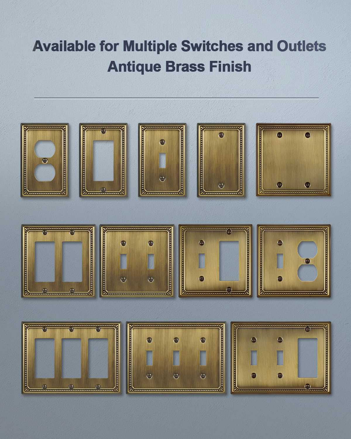 ZILLSEA Metal Wall Plates, Switch Plates and Outlet Covers, Decorative Pearl Design (1 Duplex 4PK, Antique Brass, Midsize)