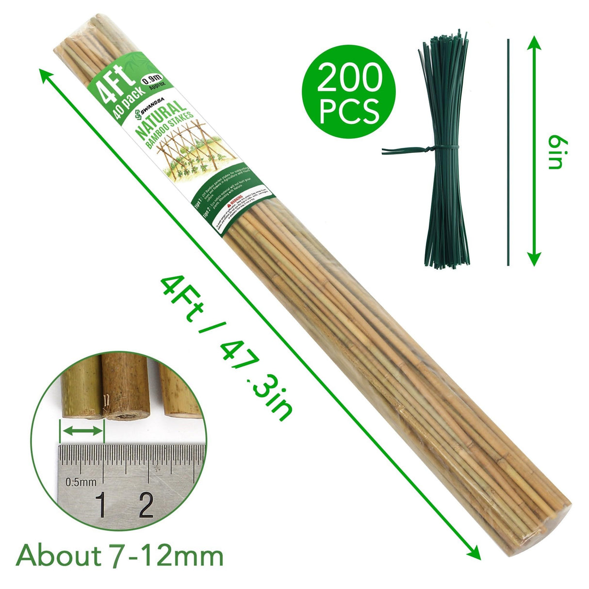 SWANGSA 40 Pack 4 Feet Bamboo Stakes for Plant, Bamboo Sticks Plant Support Garden Stakes Poles with 200pcs Twist Ties for Tomatoes, Beans, Flowers, Potted Plants, Indoor and Outdoor Climbing Plants