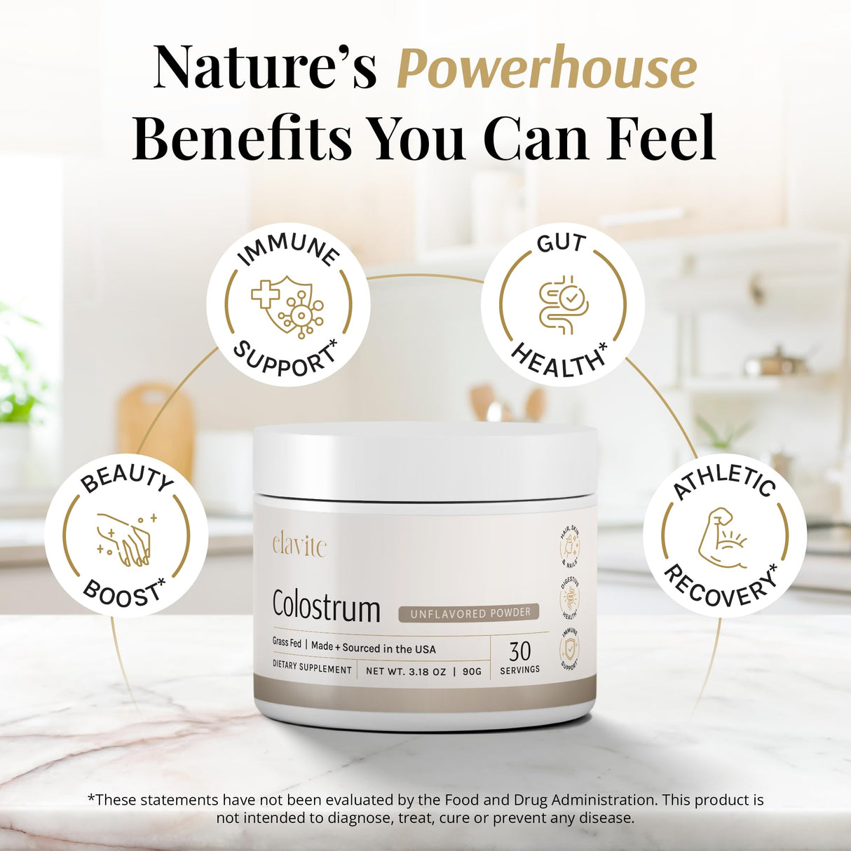 Elavite Bovine Colostrum Powder (Unflavored) Grass Fed Colostrum Supplement for Gut Health, Immune Support Healthy Hair, Skin & Nails - 30 Servings