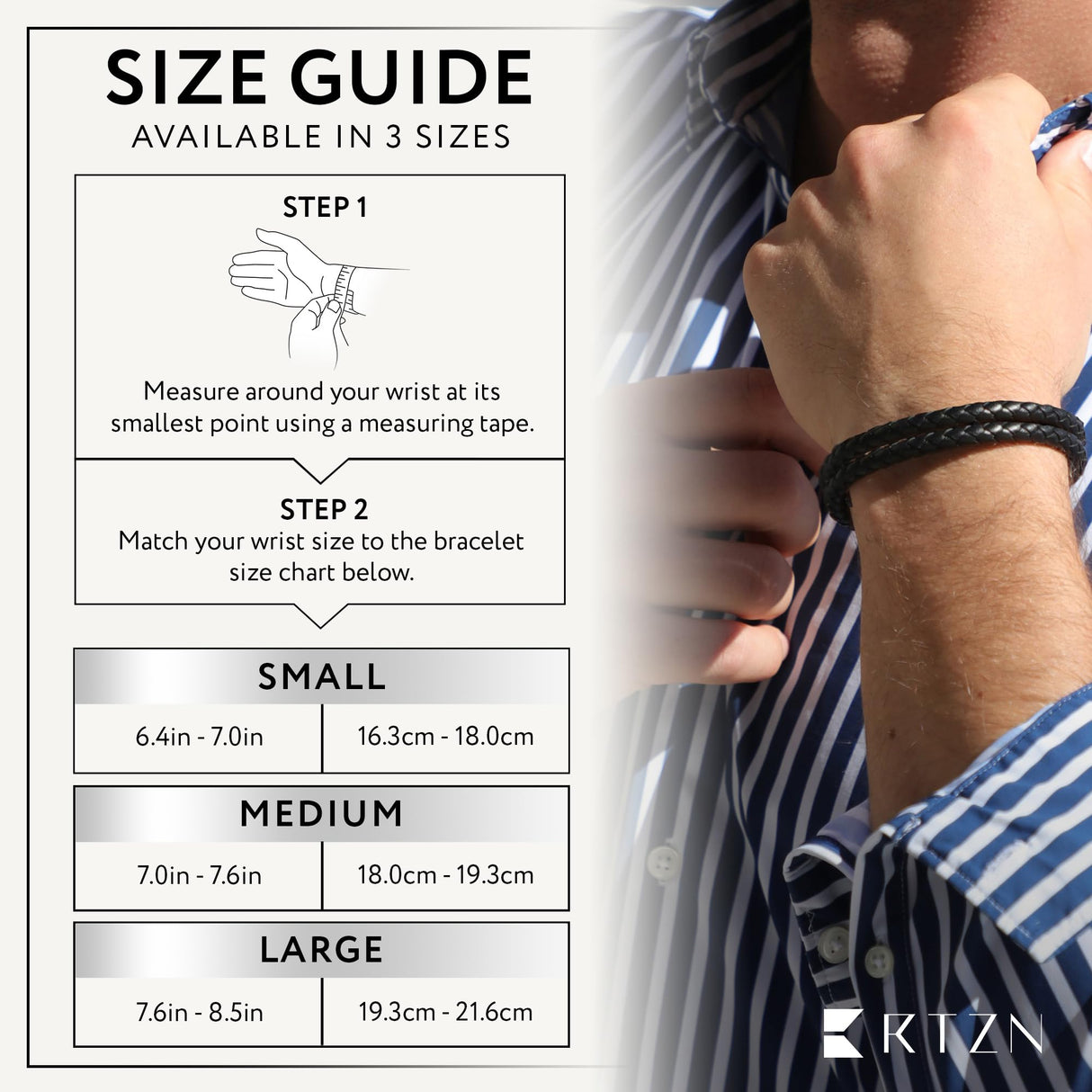 RTZN® Black Leather Bracelet for Men – Premium Artisan Handcrafted Double Strand Black Braided Leather Bracelet – Authentic Stacked Mens Leather Bracelets (Medium)