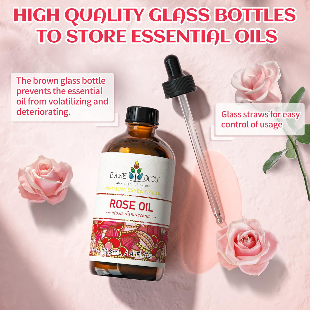 EVOKE OCCU Rose Essential Oil for Skin Care, Relaxation, Home Cleaning, Add to Diffuser and Spary, DIY Candle and Soap - 4 Fl Oz