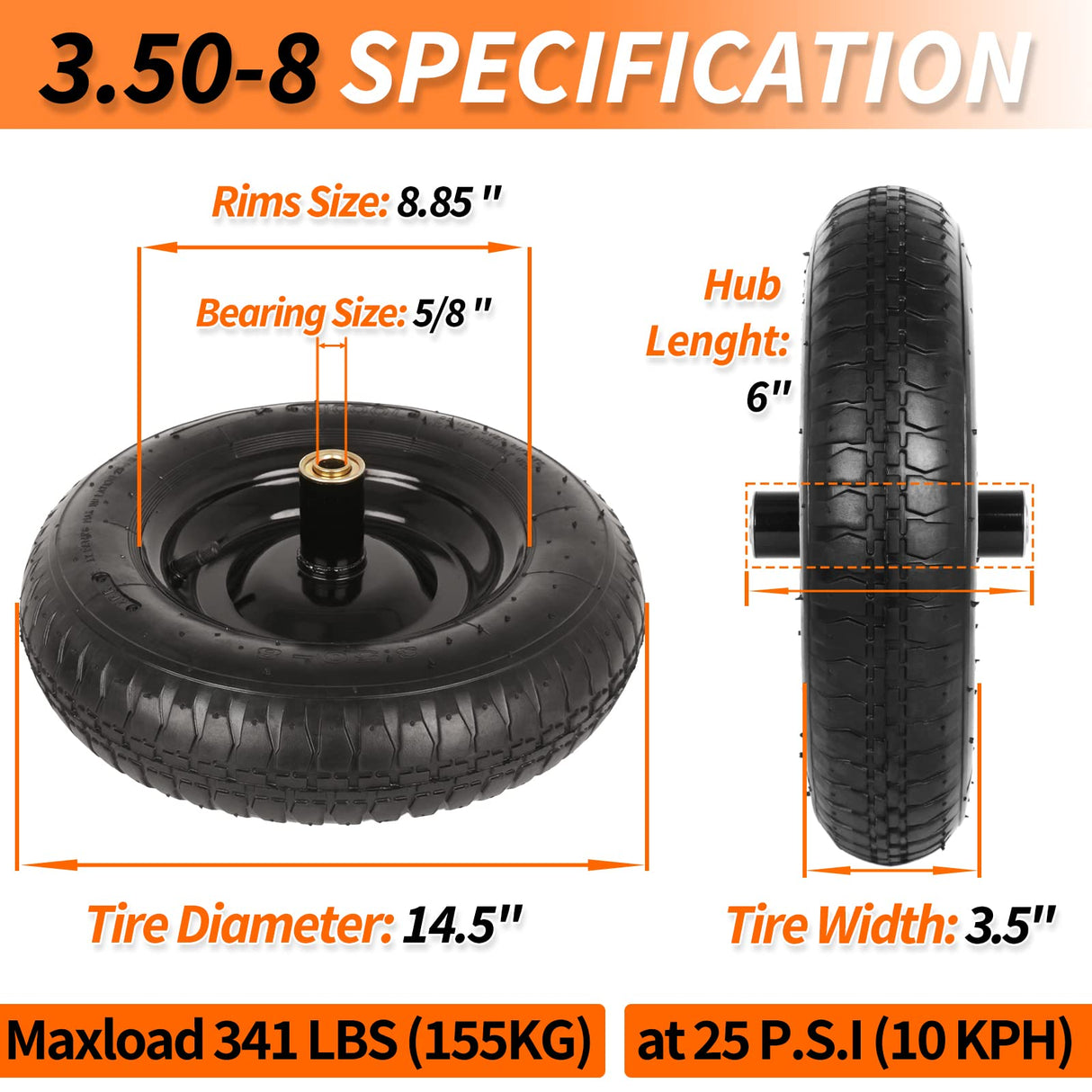GICOOL 14.5" Wheelbarrow Tire, 3.50-8” Pneumatic Tire, Universal Wheelbarrow Wheel for 4.80/4.00-8”, 4.00-6”, and 2.50-8”, with 6" Centered Hub, 5/8" Axle Bore Hole, Sealed Bearings