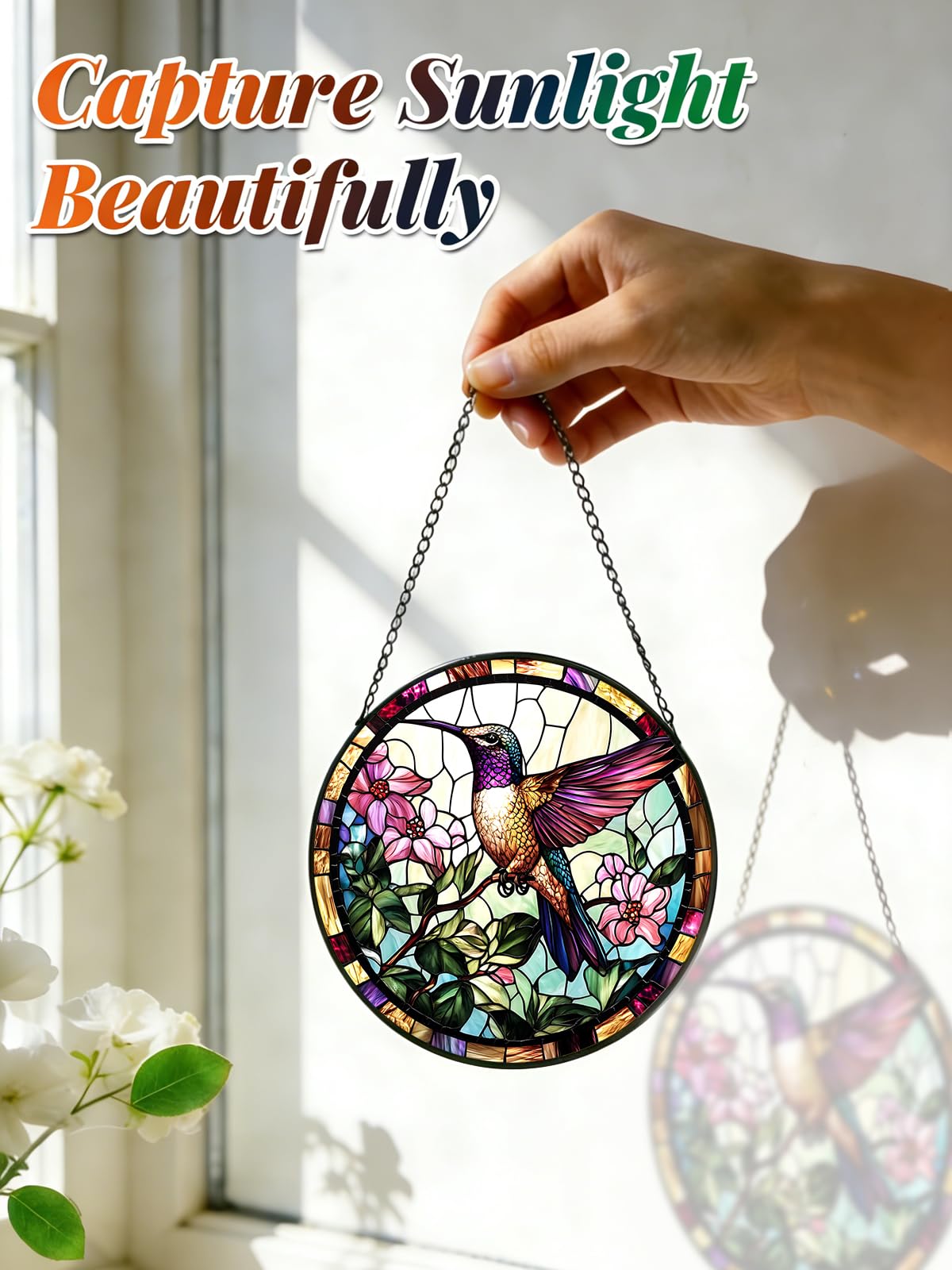 Stained Glass Window Hanging, Hummingbird Suncatcher for Door Home Decor, Birds Flowers Sun Catcher Ornament Mother's Day Birthday Gifts for Bird Lovers Women Men Mom 6.3 in