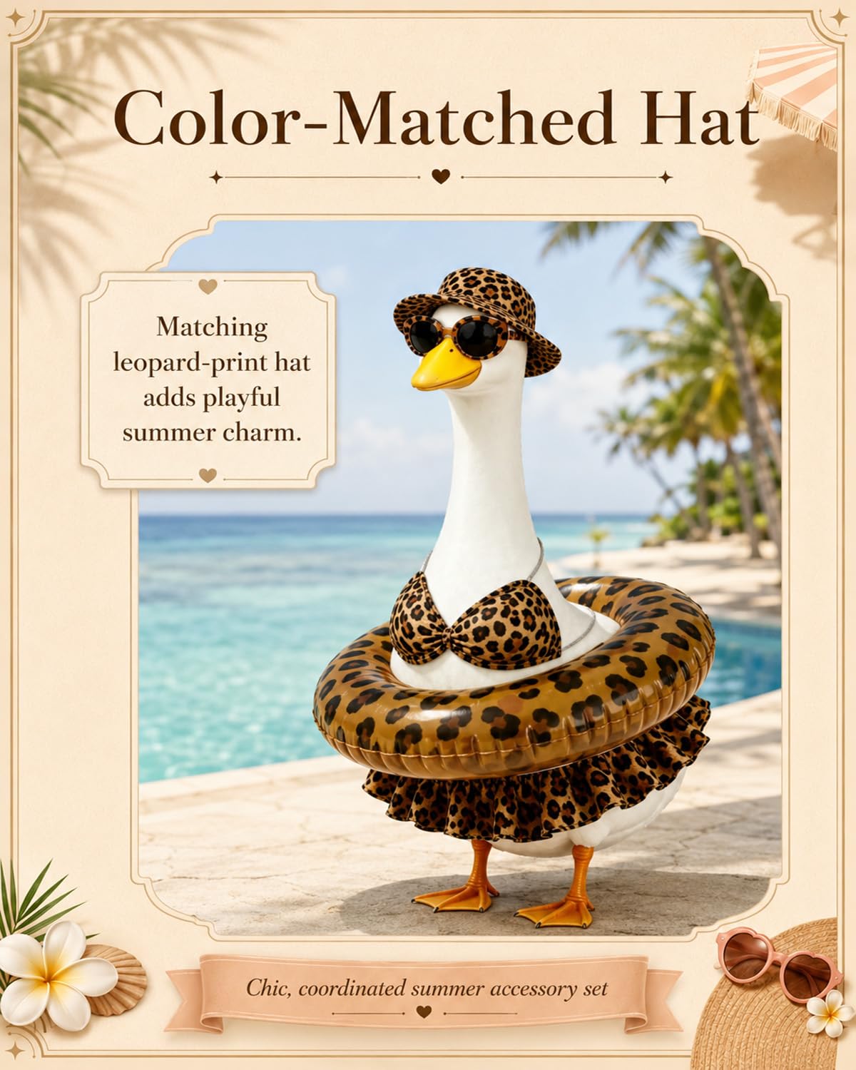 GSPIM Leopard Print Bikini Porch Goose Outfits for 23" Goose Statue Summer Beach Pool Lawn Patio Decor with Bikini Outfit Bucket Hat Sunglasses and Inflatable Swim Ring (Leopard Print Bikini)