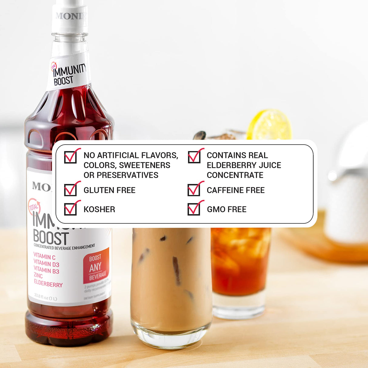 Monin - Total Immunity Boost, Immune Support Supplement, Liquid Blend of Vitamins, Minerals, & Antioxidants, Immune Boosting Vitamin C & D + Elderberry, For All Beverages, Low Calorie (1 Liter + Pump)
