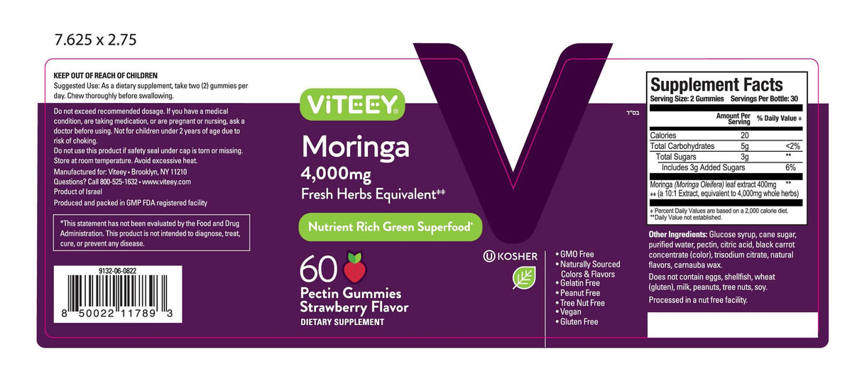 Viteey Moringa Gummies for Adults & Teens - Moringa Leaf Extract 4000mg - Immune Support, Energy Booster, Better Mood Support - Chewable Green Superfood - Vegan, Gelatin Free - Strawberry Flavored