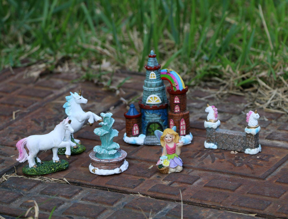 BangBangDa Unicorn Figurines Fairy Garden Accessories - Miniature Unicorn Gift Set Outdoor Garden Decoration – Fairy Figurines Castle Fountain Girl Birthday Gifts (Set of 23)