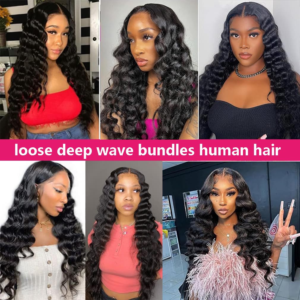 Human Hair Bundles 20 22 24 Inch Loose Deep Wave Human Hair 3 Bundles 100% Unprocessed Brazilian Virgin Human Hair Extensions 12A Grade Human Hair Extensions