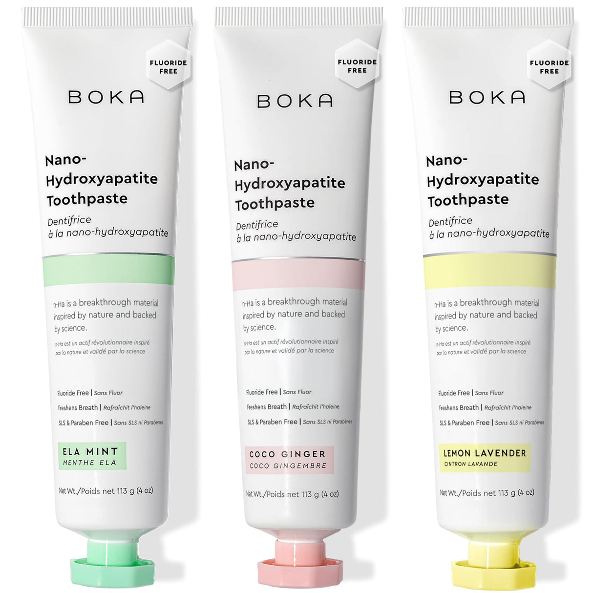 Boka Fluoride Free Toothpaste, Nano Hydroxyapatite Toothpaste, Appropriate for Sensitive Teeth - for Adult, Kids Oral Care - Ela Mint, Coco Ginger, Lemon Lavender Flavor, 4 Fl Oz 3Pk US Manufactured
