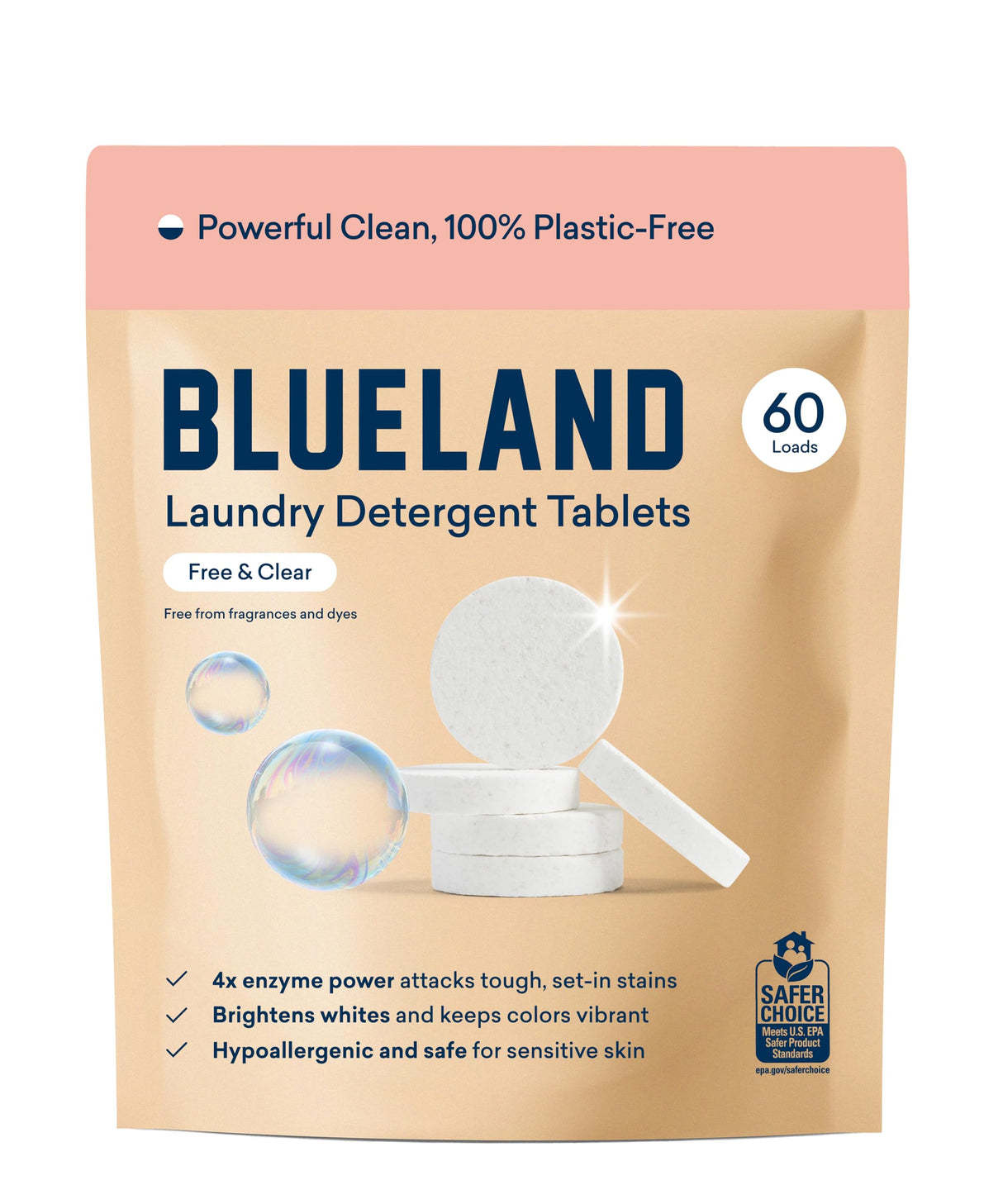 BLUELAND Laundry Detergent Tablets, 60 Count, Plastic-Free Eco-Friendly Pods, Sheets, Liquid Alternative - Fragrance Free and Clear, Natural, Gentle