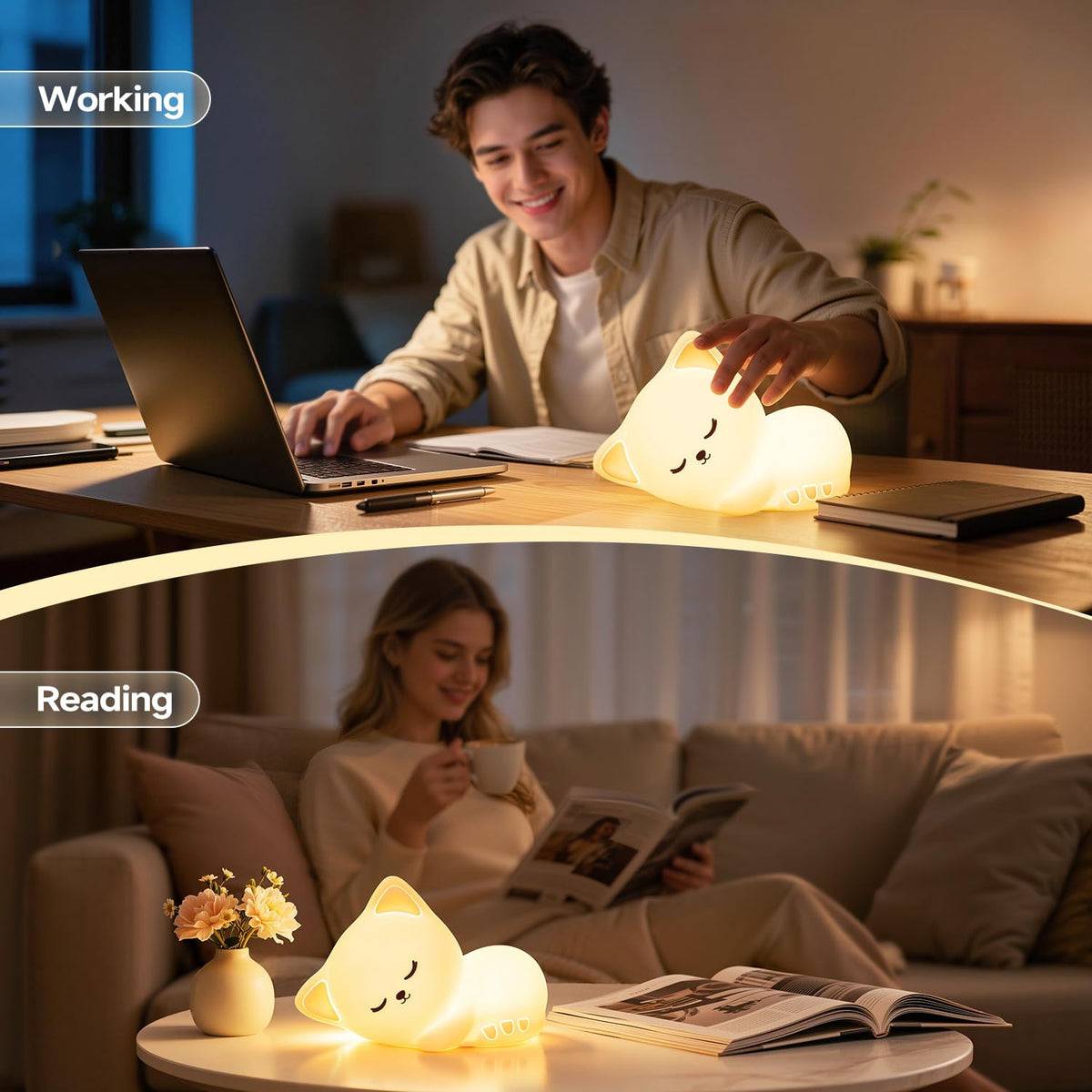 Mubarek Sleepy Cute Cat Gifts - 16-Color Silicone Night Light with Remote