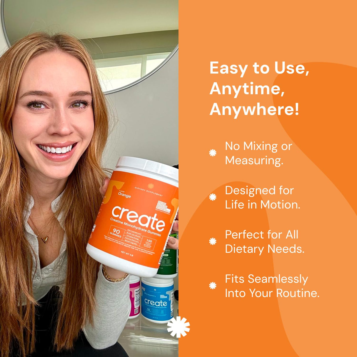 Create Creatine Monohydrate Gummies for Men & Women, Boost Focus, Strength, and Endurance, Anti-Melting Formula, Vegan, Gluten-Free, Non-GMO, 1.5g of Creatine per Gummy (Orange, 90 ct)