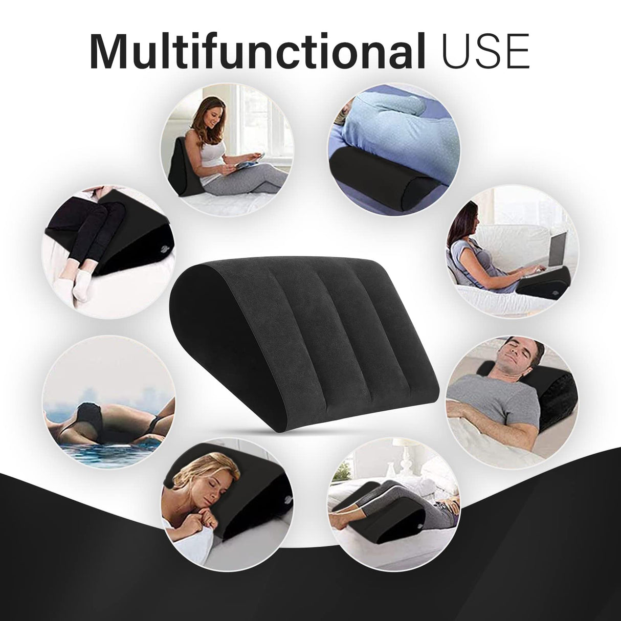Portable Wedge Pillow Inflatable Cushion - Body Positioners Lightweight Wedge Pillow for Sleeping, Leg Elevation, Use in Bed, Travel, Camping, Fast Inflating Deflation (Black)