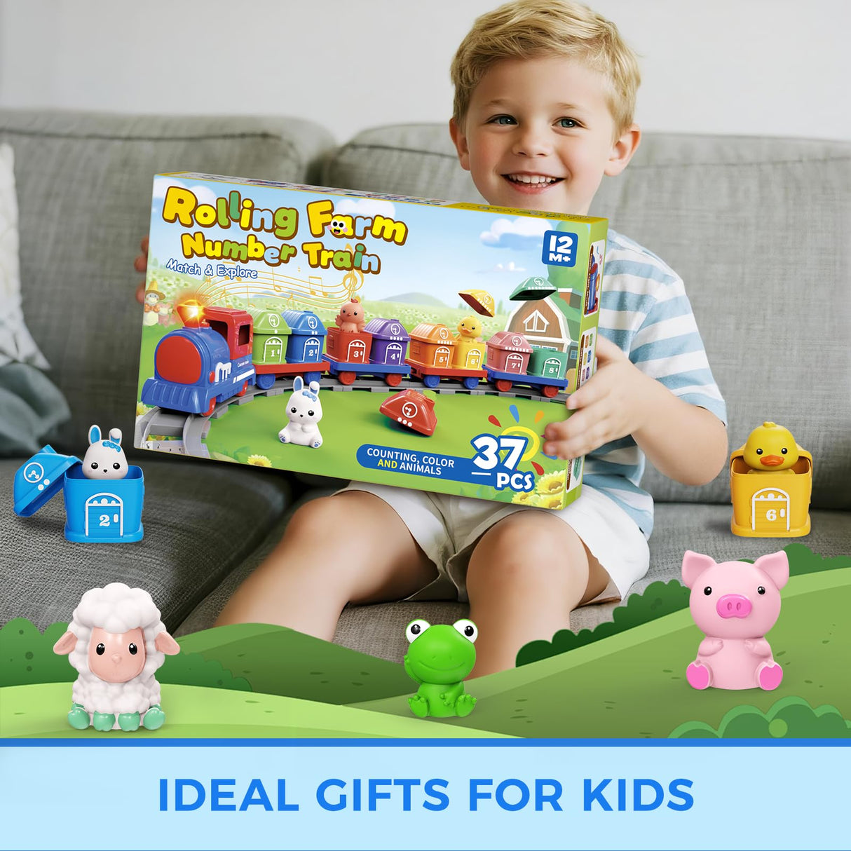 Train Set Toddler Learning Toys for 1 2 3 4 Year Old Boy Girl - Montessori Electric Train Set with Counting Matching & Sorting Activity with Farm Animals, Finger Puppets, Christmas Birthday Gift 2-4