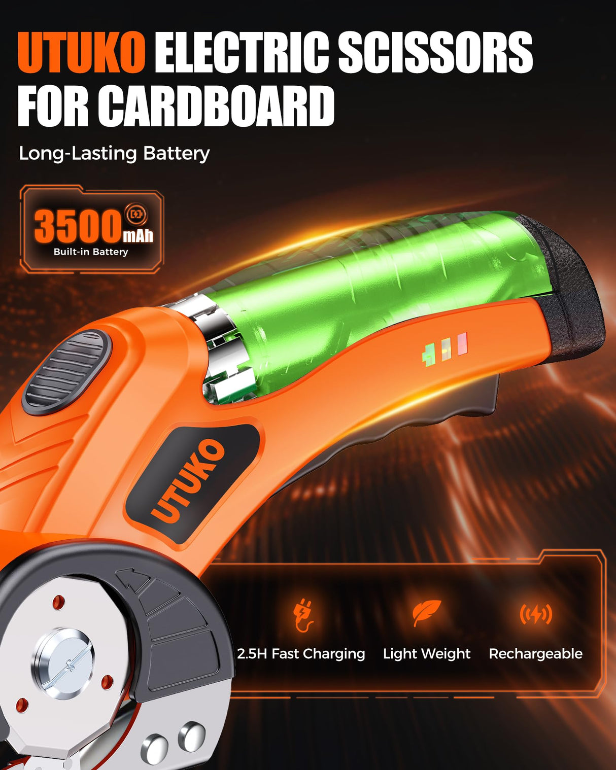 UTUKO Electric Cardboard Cutter – Upgraded High-Power 800RPM Brushless Motor, 3500mAh Cordless Rechargeable Electric Scissors, Heavy Duty Box Cutter for Cardboard, Carton Mat Cutter Blades orange