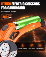 UTUKO Electric Cardboard Cutter – Upgraded High-Power 800RPM Brushless Motor, 3500mAh Cordless Rechargeable Electric Scissors, Heavy Duty Box Cutter for Cardboard, Carton Mat Cutter Blades orange