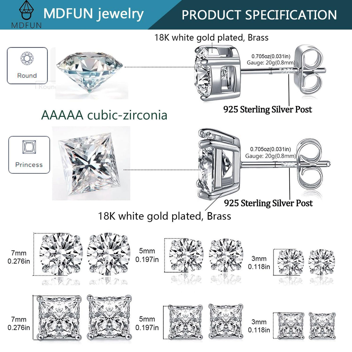 MDFUN Stud Earrings for Men Women 925 Sterling Silver Post Earring