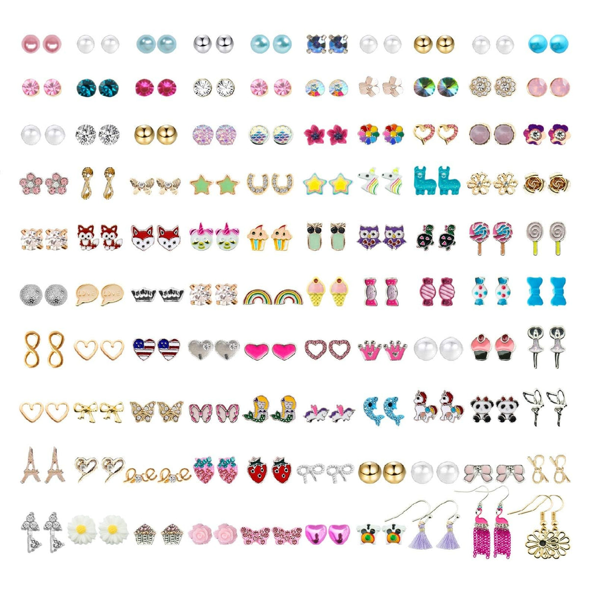 NEWITIN 100 Pairs Colorful Cute Earrings for Girls Sensitive Ears Hypoallergenic Girl Stud Earrings Set Stainless Steel Cartoon Stud for Girls and Women